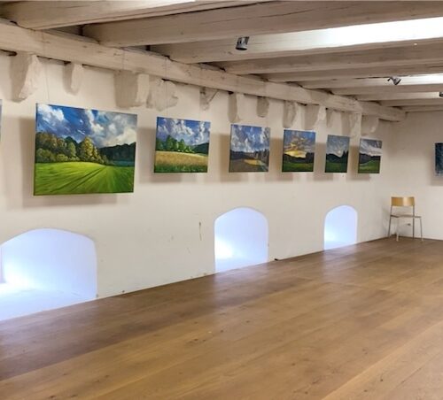Blick in einen Ausstellungsraum mit vielen Landschaftsbildern an weißen Wänden.