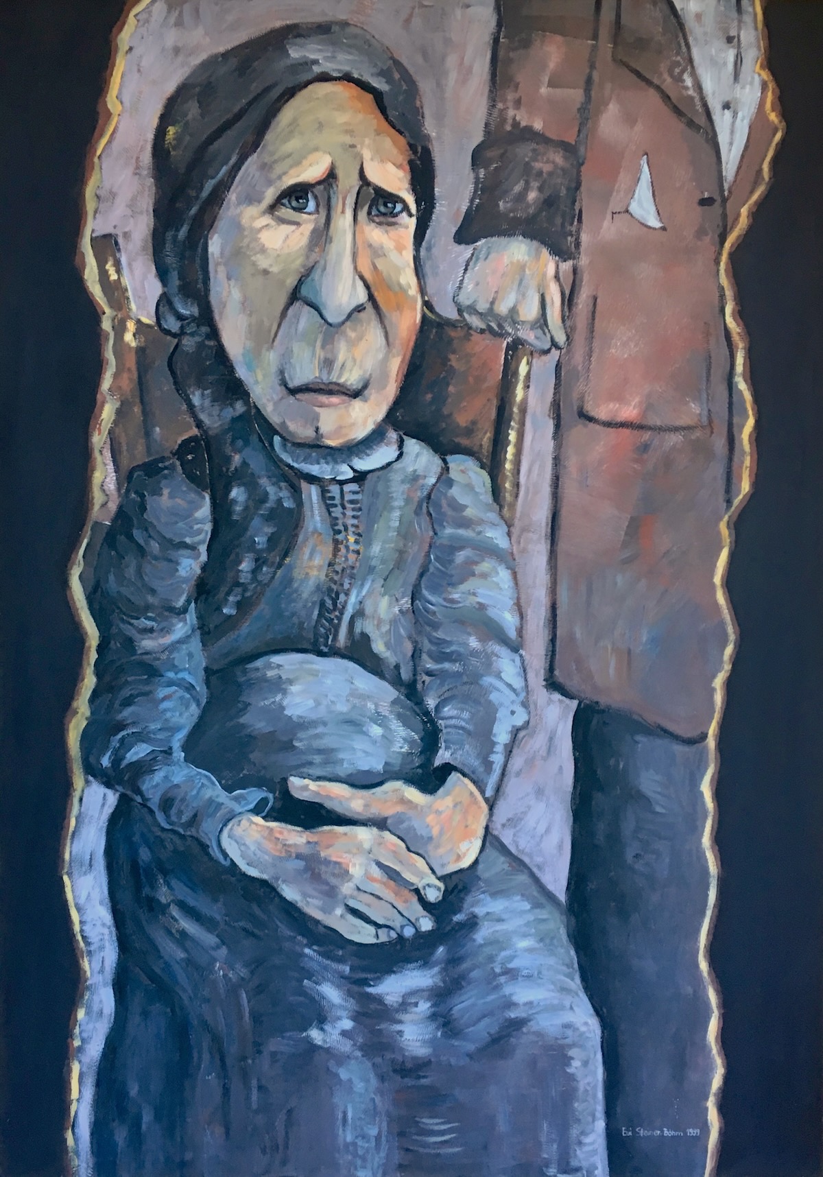 Kind_mit_83_Jahren Expressives Acrylbild mit einer alten Bäuerin mit Kopftuch im schwarzen Sonntagskleid, mit gefalteten Händen auf dem Schoß