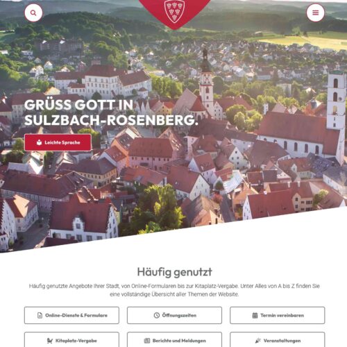 Titelbild Homepage Sulzbach-Rosenberg Blick auf die Altsstad von Sulzbach-Rosenberg mit dem Text Grüß Gott in Sulzbach-Rosenberg